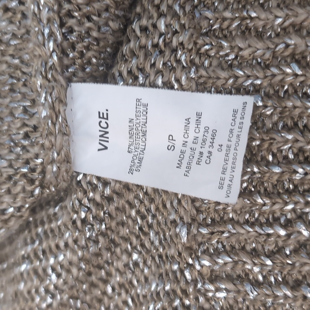 Vince Linen Blend Tan And Silver Metallic Crew Neck Sweater Relaxed Fit Small - Picture 4 of 9